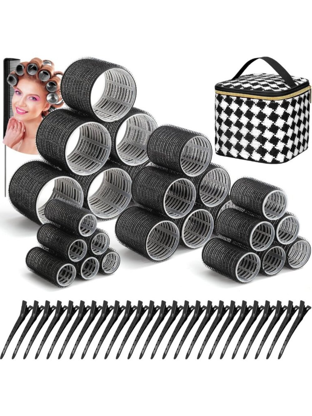 50 Pcs Self Grip Hair Curlers Set with 24 Clips & Cosmetic Bag for Volume